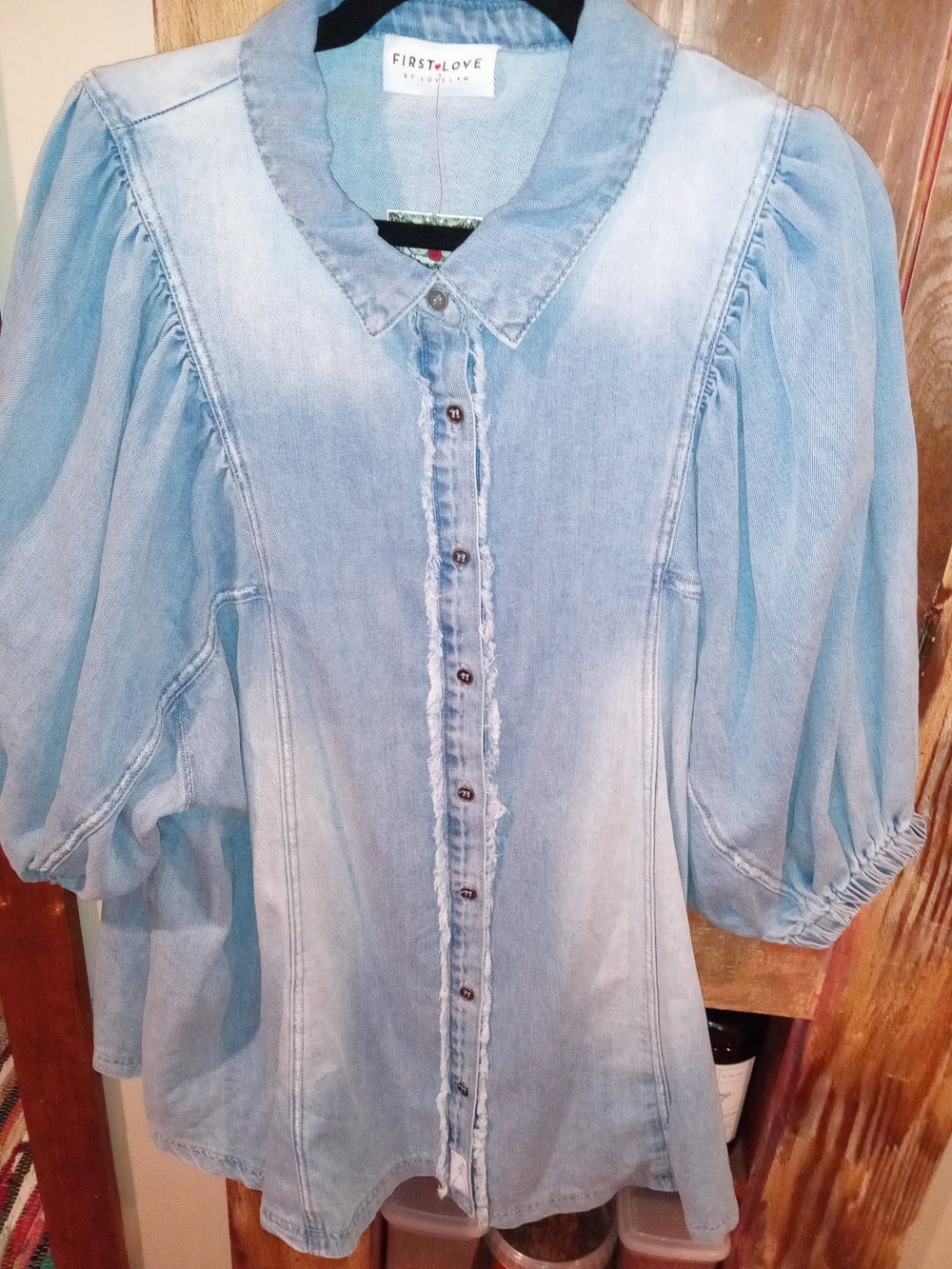 First Love Light Wash Denim Button-Up Puff Sleeve Shirt